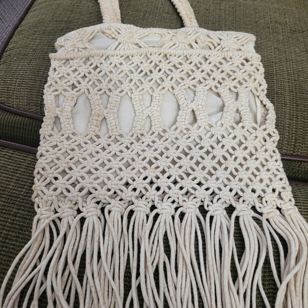 Giannini Cream Macramé Fringe Tote Bag